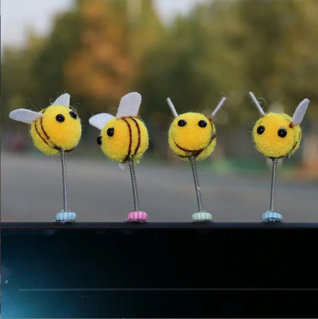 Swing spring bee car decoration made from soft fur ball, 3cm size.