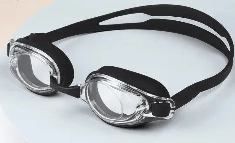Black frame prescription swimming goggles for myopia with anti-fog lenses and a storage case.