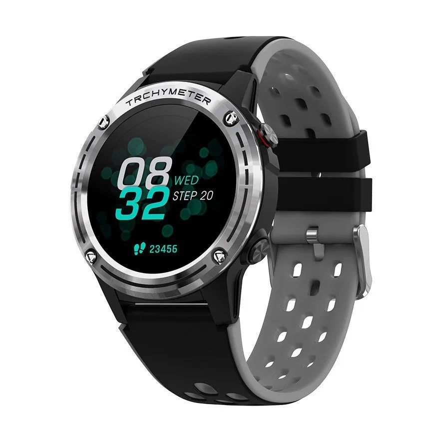 GPS smart sports watch with silicone strap in multiple colours showing 49mm dimensions