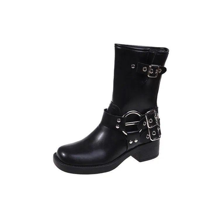 Black women's platform boots with a silver metal buckle strap on the ankle.
