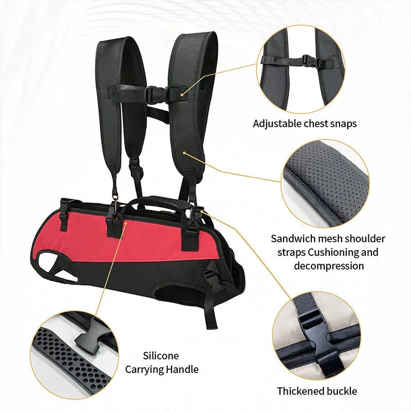Multifunctional Oxford cloth pet backpack for dogs and cats in black with colour accents.