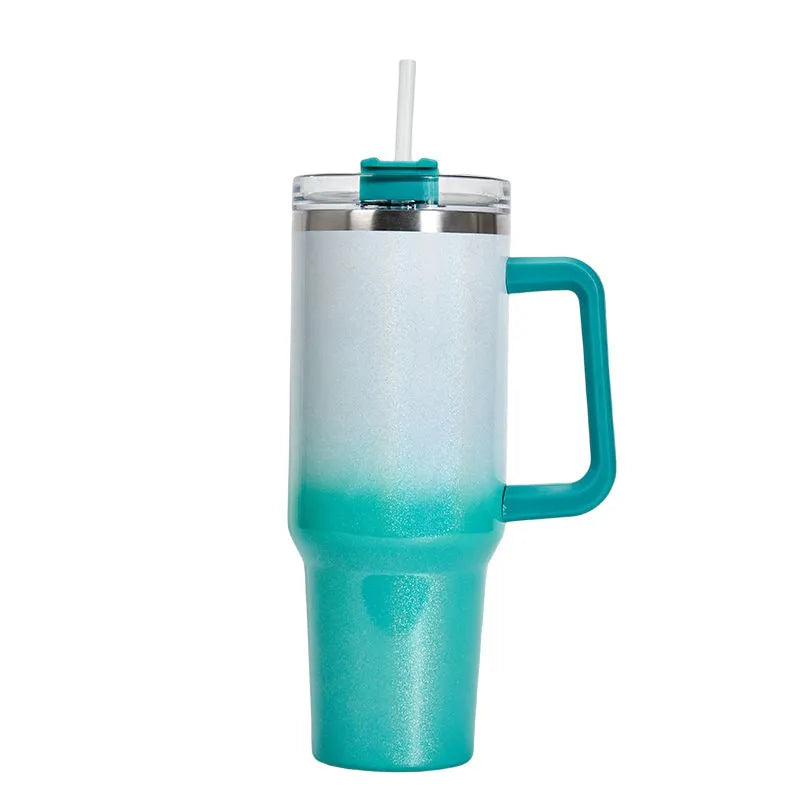 Large stainless steel vacuum insulated cup in a gradient colour option showing its height and simple style.