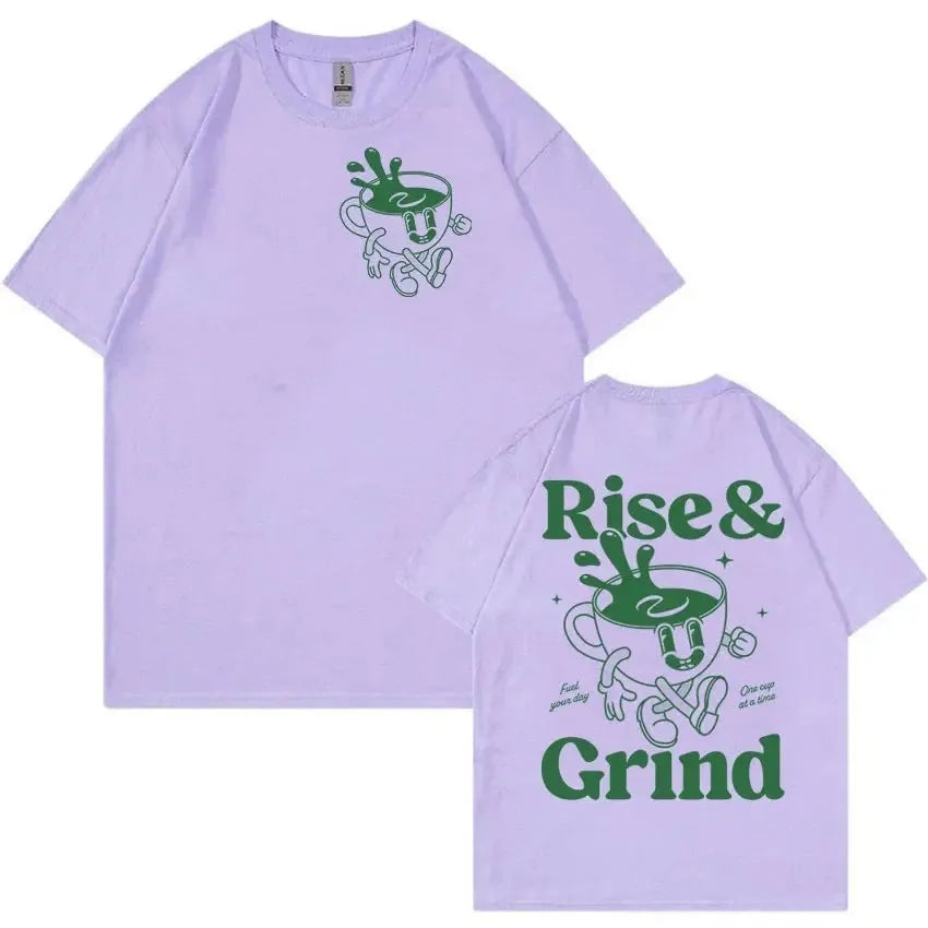 Men's loose fit light grey t-shirt with a green 'Rise and Grind' coffee cartoon print on the front.