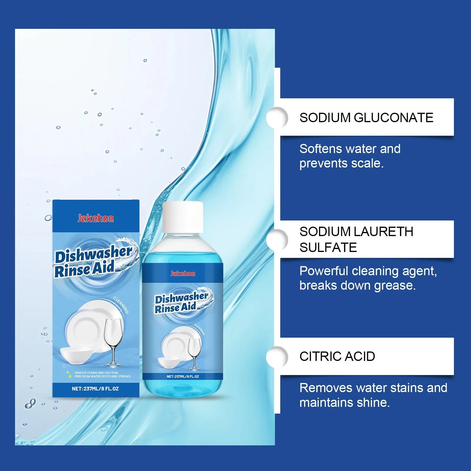 237mL dishwasher detergent aid bottle measuring 5.8x12.8cm for kitchenware cleaning