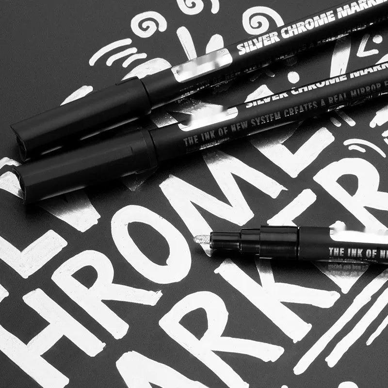 Waterproof mirror marker pen with plastic shell showing 1mm and 2mm tip size options.
