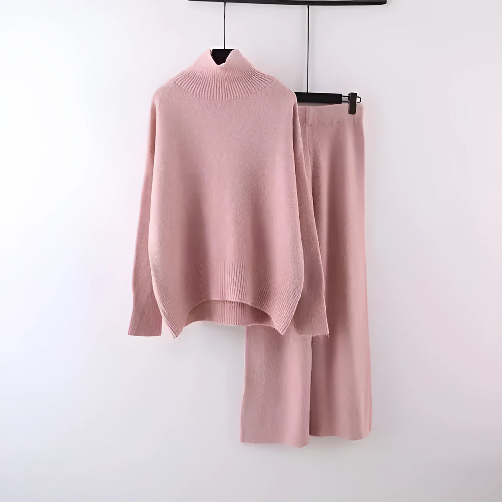 Women's solid colour sweater and wide leg trousers two-piece set in beige, shown as a coordinated outfit.