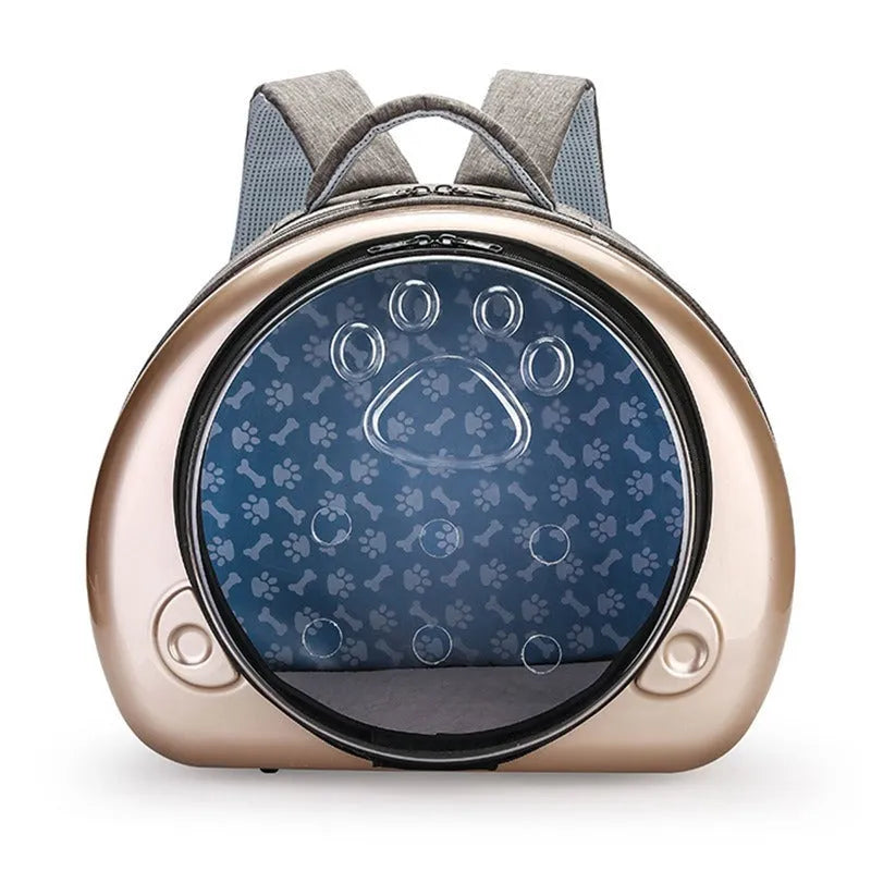 Transparent space capsule cat carrier bag with a metallic hard shell front cover