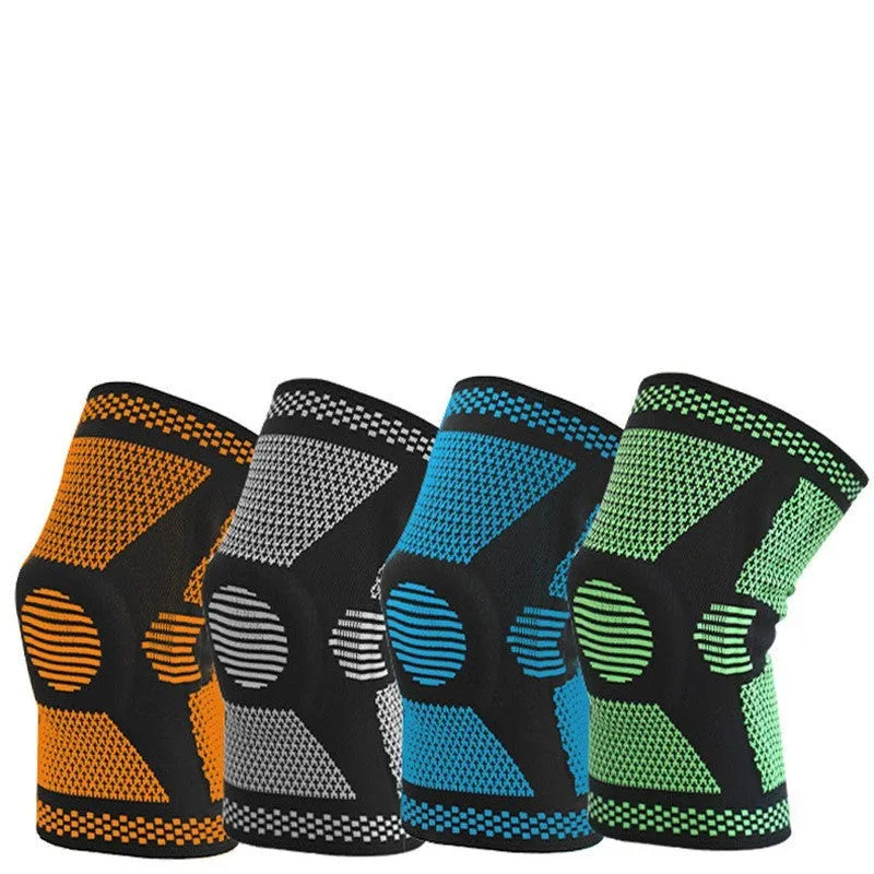 Silicone spring knee pads for sports in blue, green, orange, and white colours on a grey background.