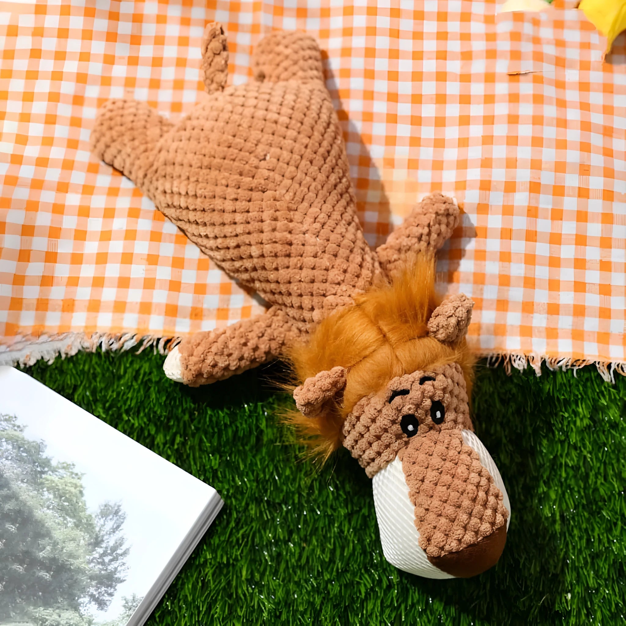 Plush dog toy with corn kernel texture in green grey or yellow featuring a built-in sound device for teeth grinding
