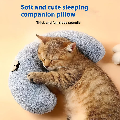 Cat pet bed mat with U-shaped neck pillow in blue, shown in a moon pillow style