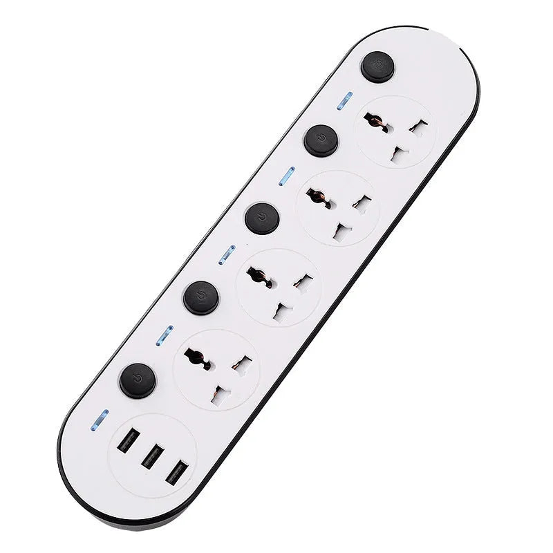 Multi-switch international power strip with USB ports and UK, US, EU plug options.