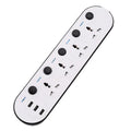 Multi-switch international power strip with USB ports and UK, US, EU plug options.