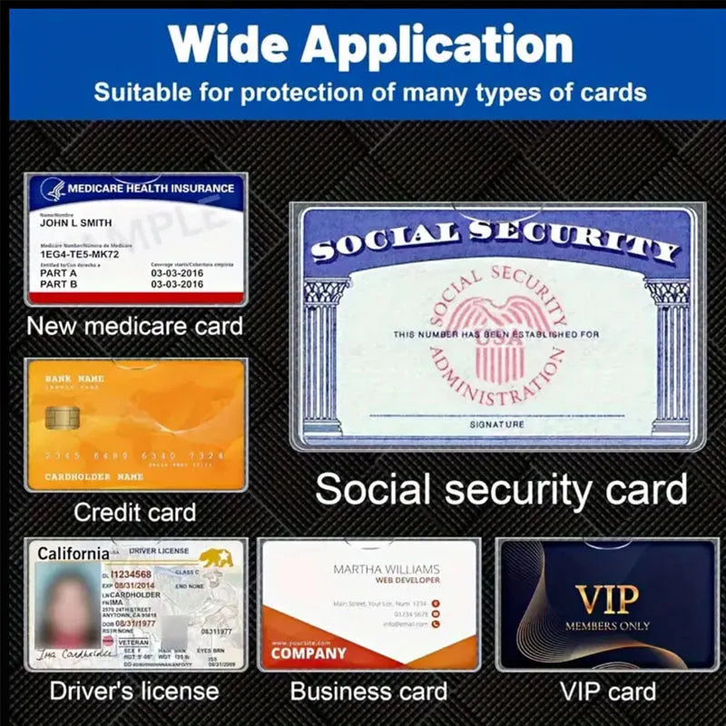 Transparent PVC social security card holder showing clear front and standard 9.7 by 5.9 cm dimensions.