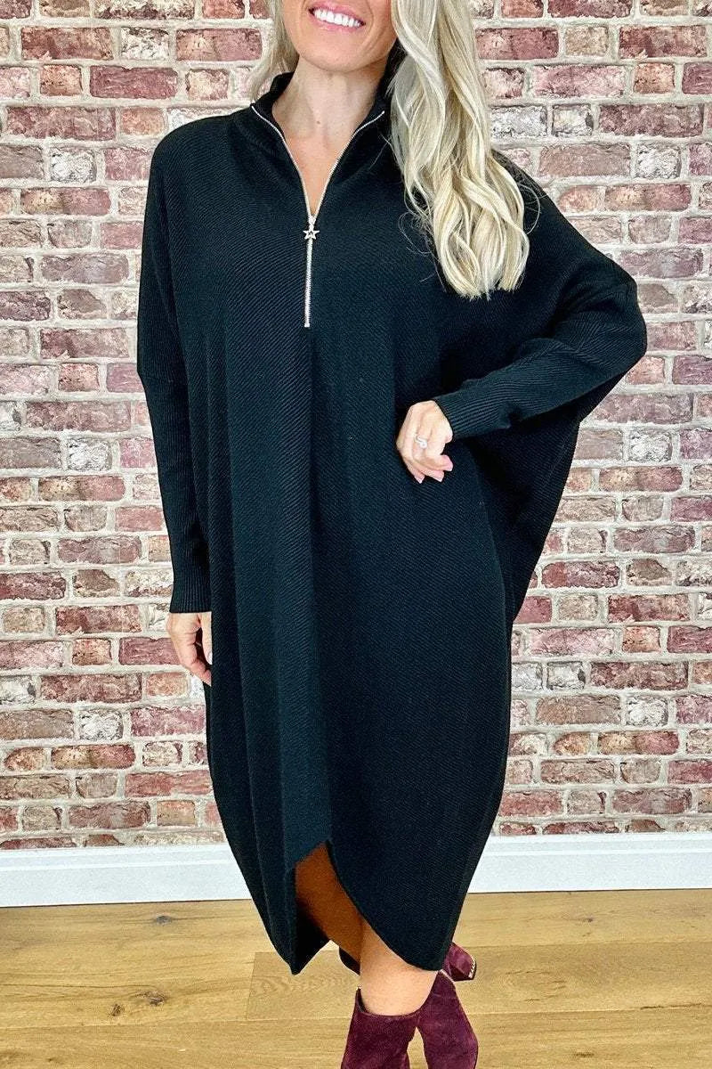 Women's solid colour knitted dress with raglan sleeves and zipper detail