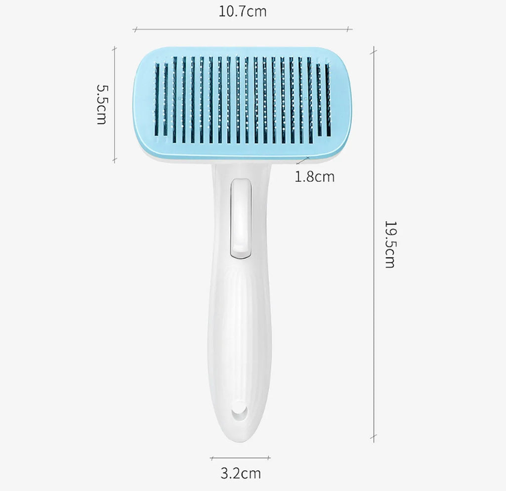 Automatic pet hair removal comb for dogs and cats in blue, grey, green, or pink colour.