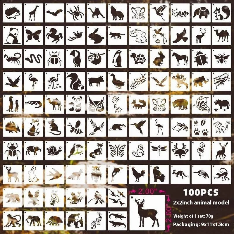 Milky white PET film hollow stencil sheets showing flower, animal, ocean, and letter designs for spray painting.