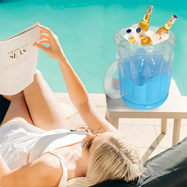 Yellow inflatable PVC ice bucket for drinks cooling at outdoor events.