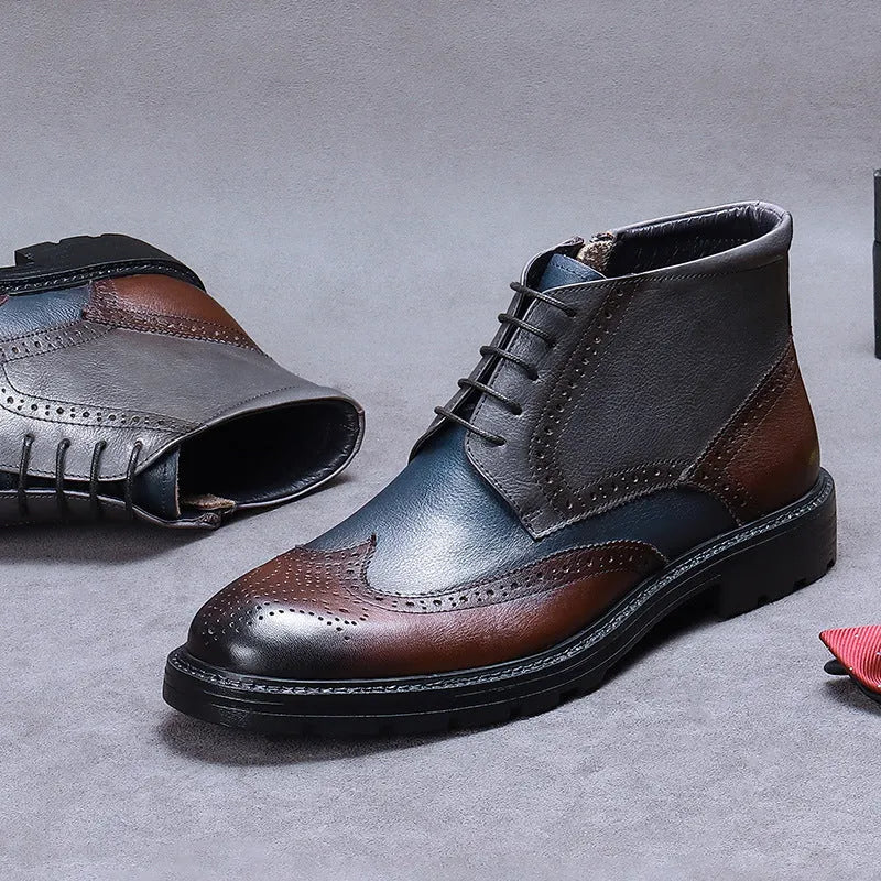 Curry blue leather brogue boots with colour blocking and carved detailing