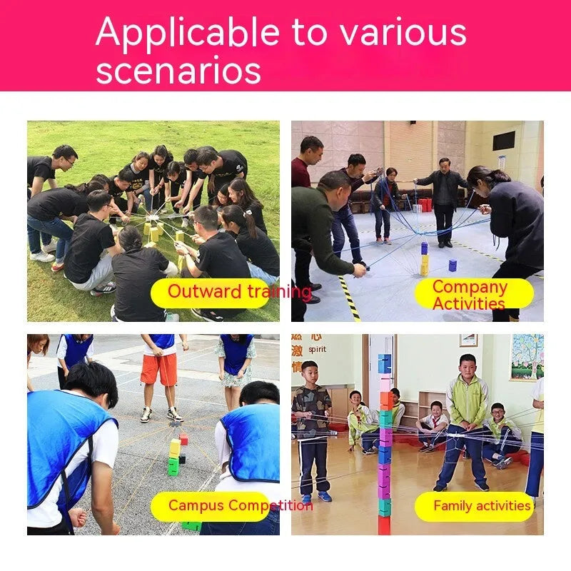 Team building game equipment with ABS plastic tower blocks and pull ropes for outdoor group activities