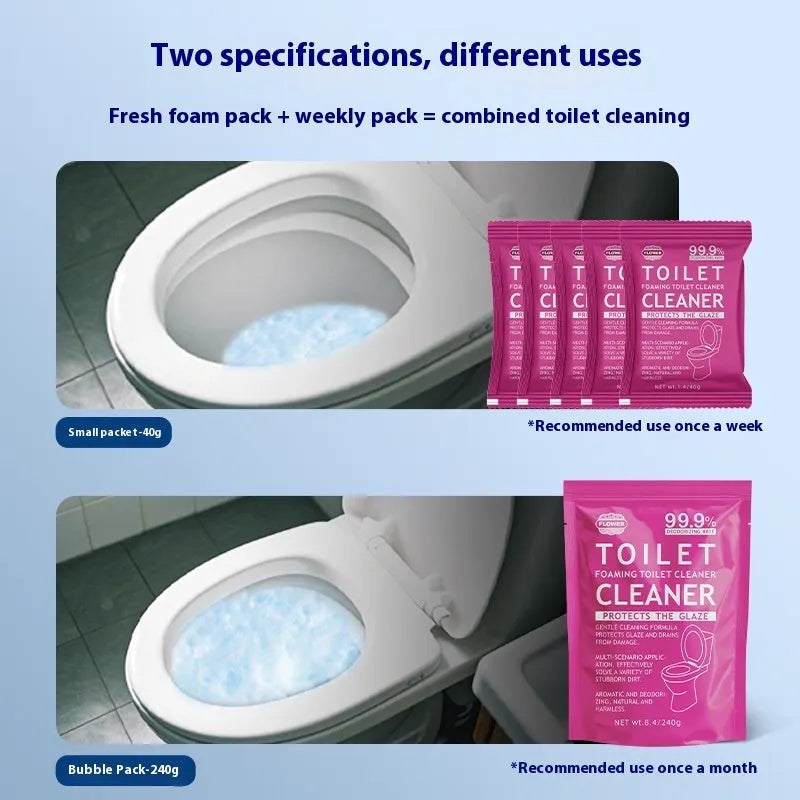Toilet bubble powder descaling cleaner in blue ocean and pink floral fragrance, showing 240g bag and box of 5 sachets.