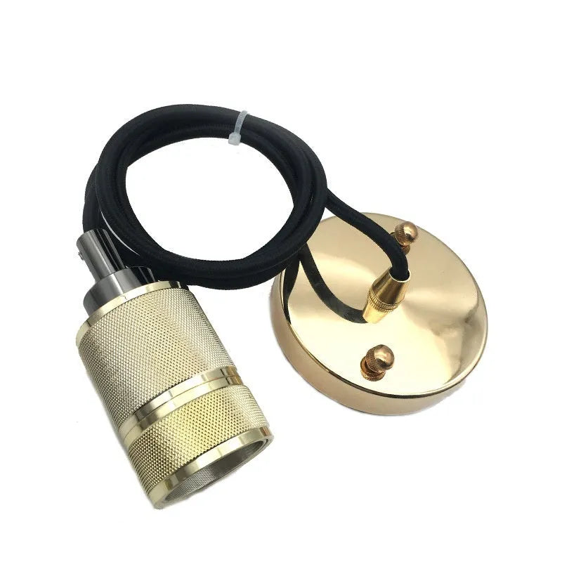 Retro DIY ceiling light chandelier kit with cast aluminum holder and woven power cord in shiny black and gold finishes