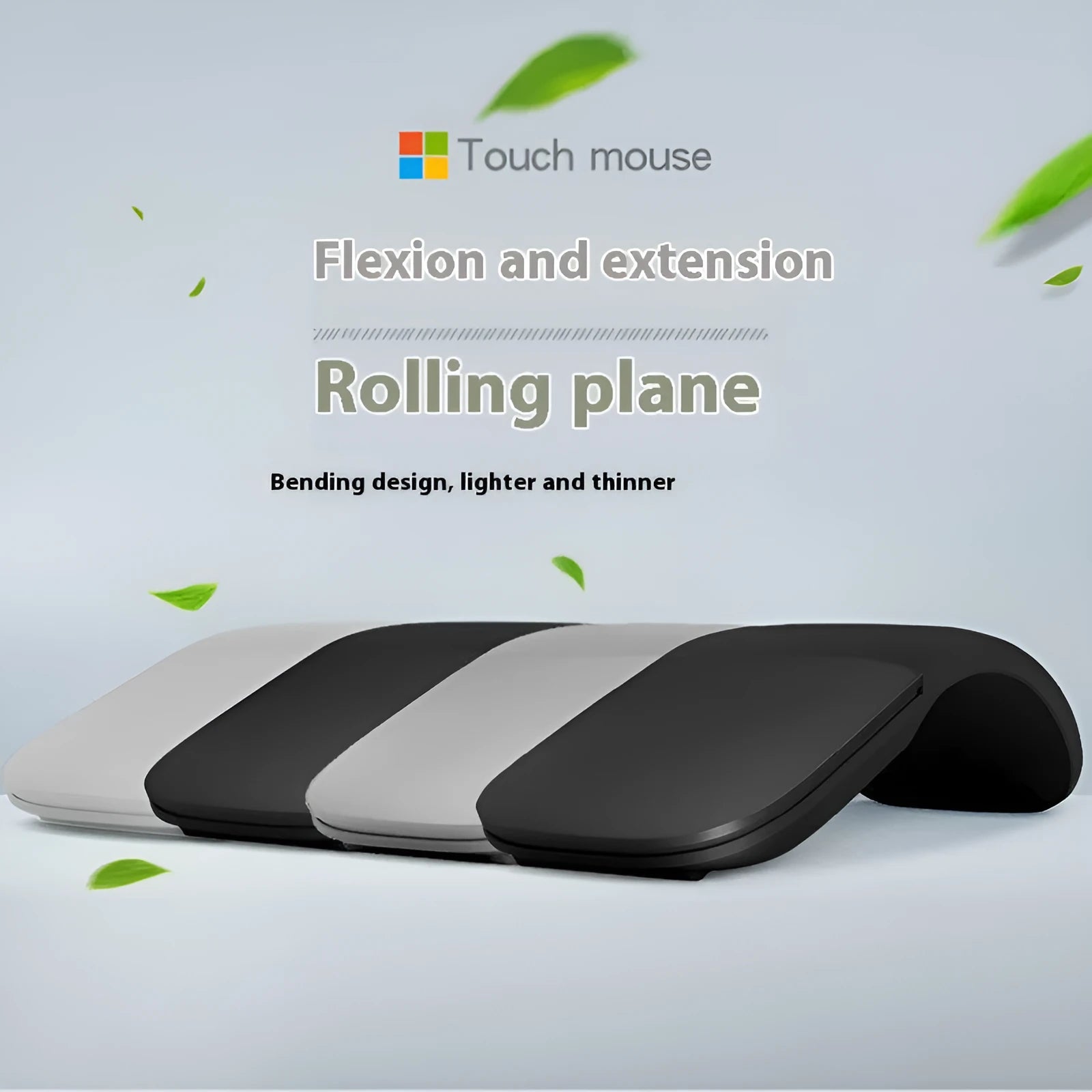 Folded black Bluetooth wireless mouse showing compact 131.2mm length and touch control surface