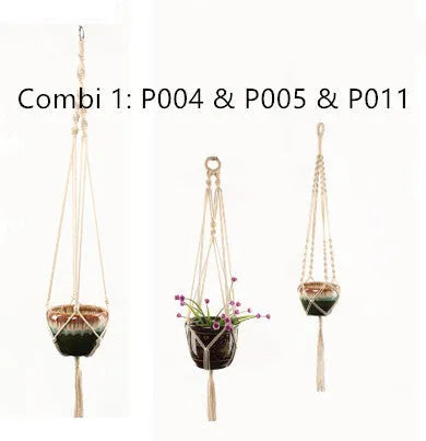 Woven cotton rope plant holder in a desktop style with greenery inside.