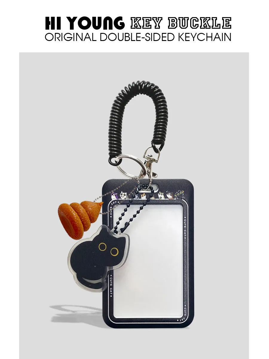Cartoon little black cat design plastic card holder with ferrule pendant for student ID and transport cards.