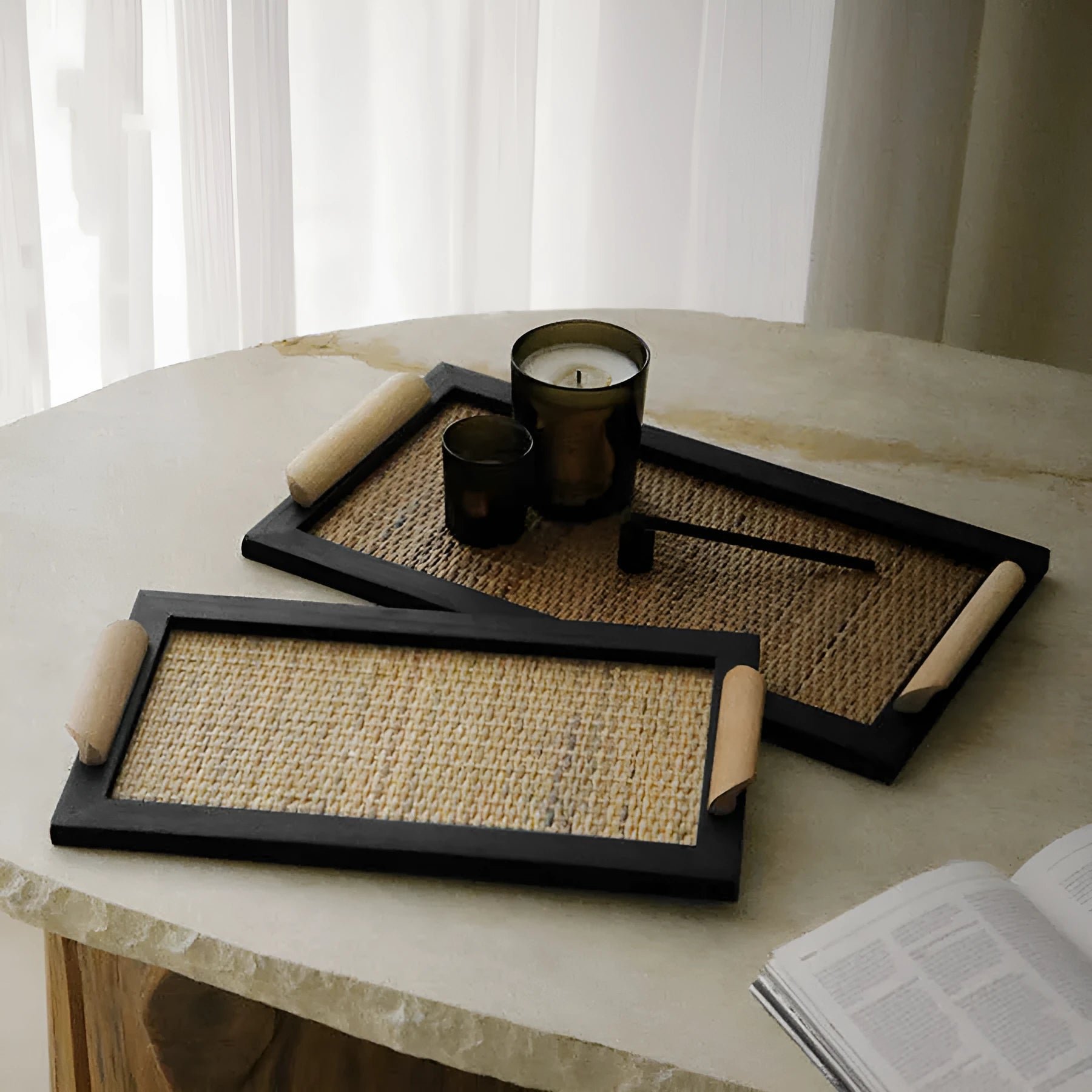 Pine wood dining tray with compartments shown in small and large size options