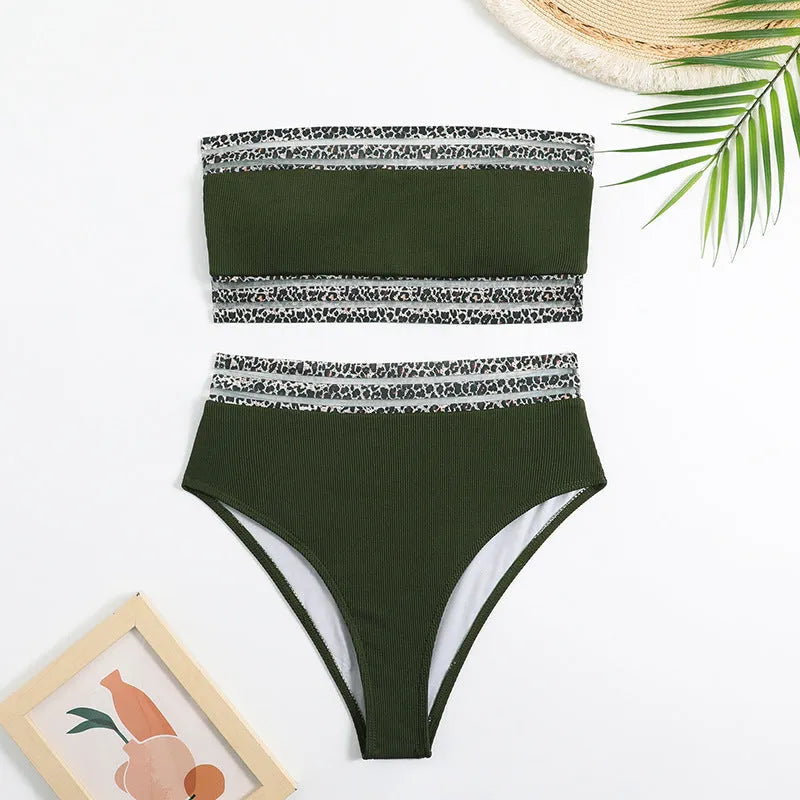 Black strapless split swimsuit with leopard print splicing on quick-drying nylon briefs