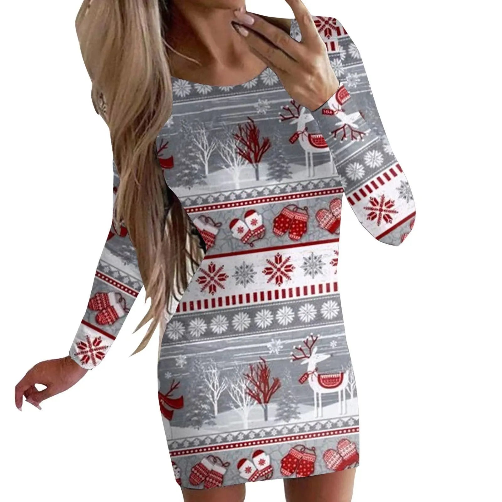 Women's tight-fitting Christmas dress with floral animal print, round neck, long sleeves, and a short hip skirt.
