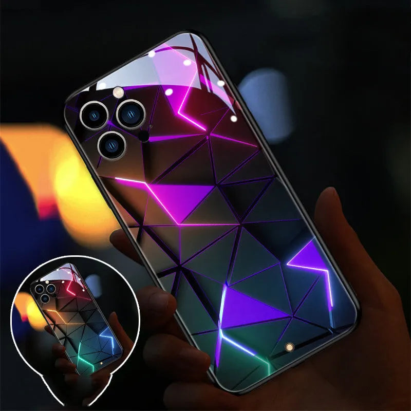 Tempered glass iPhone 14 case with incoming light notification around camera cutout.