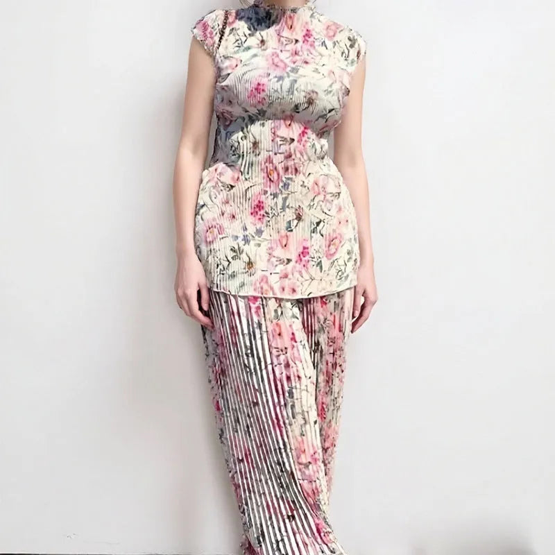 Women's long sleeve printed chiffon dress with high waist, shown in picture colour.