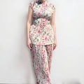 Women's long sleeve printed chiffon dress with high waist, shown in picture colour.