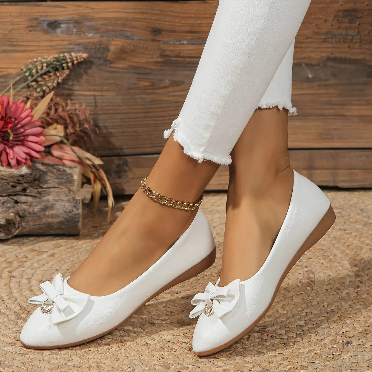 Women's beige flat casual shoes with a bowknot and shallow mouth design on a rubber sole