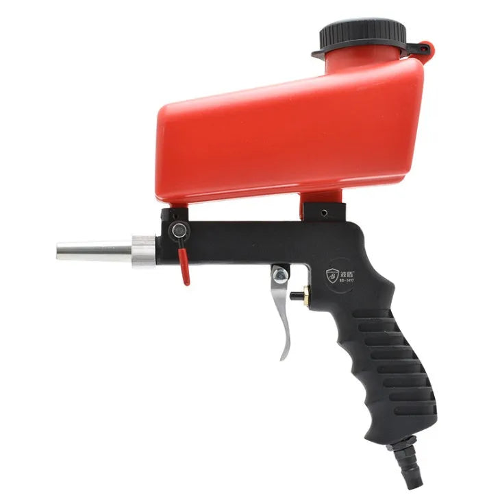Portable black or blue pneumatic sandblasting gun with upper pot tank for on-site surface preparation.