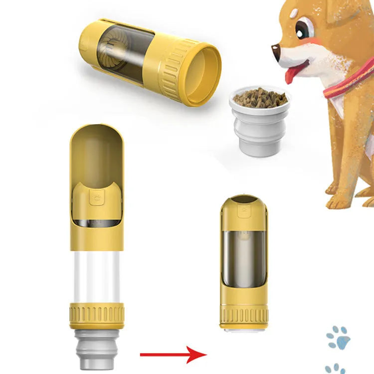 Portable dark blue dog water bottle with integrated drinking bowl and leak-proof cap.