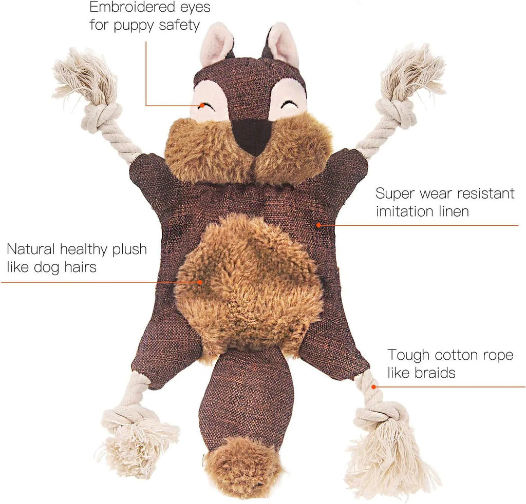 Brown fox-shaped dog toy with squeaker, crinkle paper, cotton rope limbs, and embroidered eyes