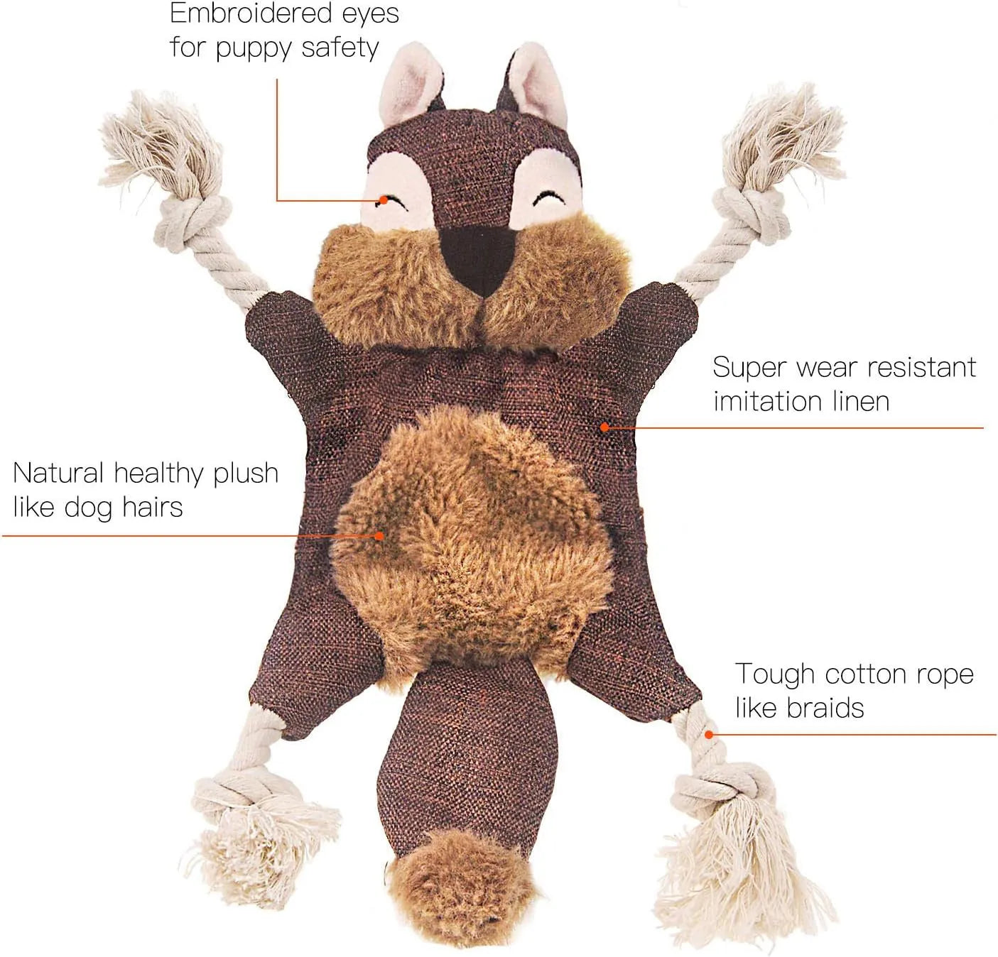 Brown fox-shaped dog toy with squeaker, crinkle paper, cotton rope limbs, and embroidered eyes