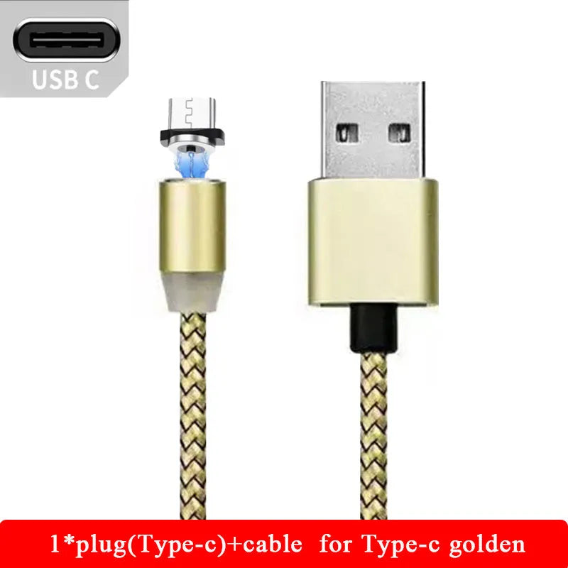 Black magnetic charging cable with LED light and aluminium connectors showing magnetic tip attachment