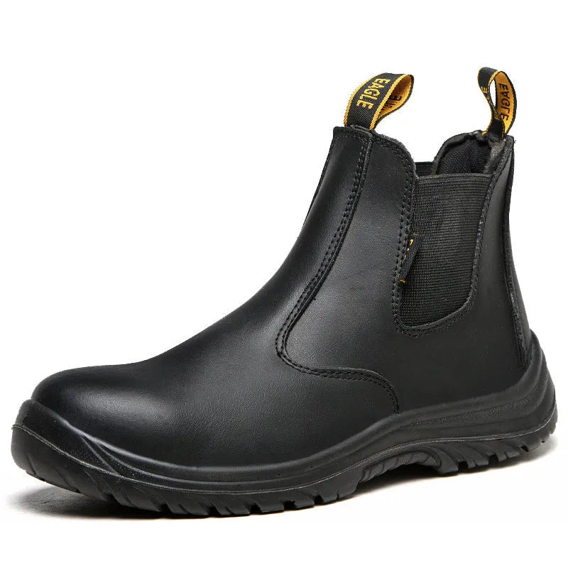 Black leather high-top safety shoes with anti-piercing protection for workplace use