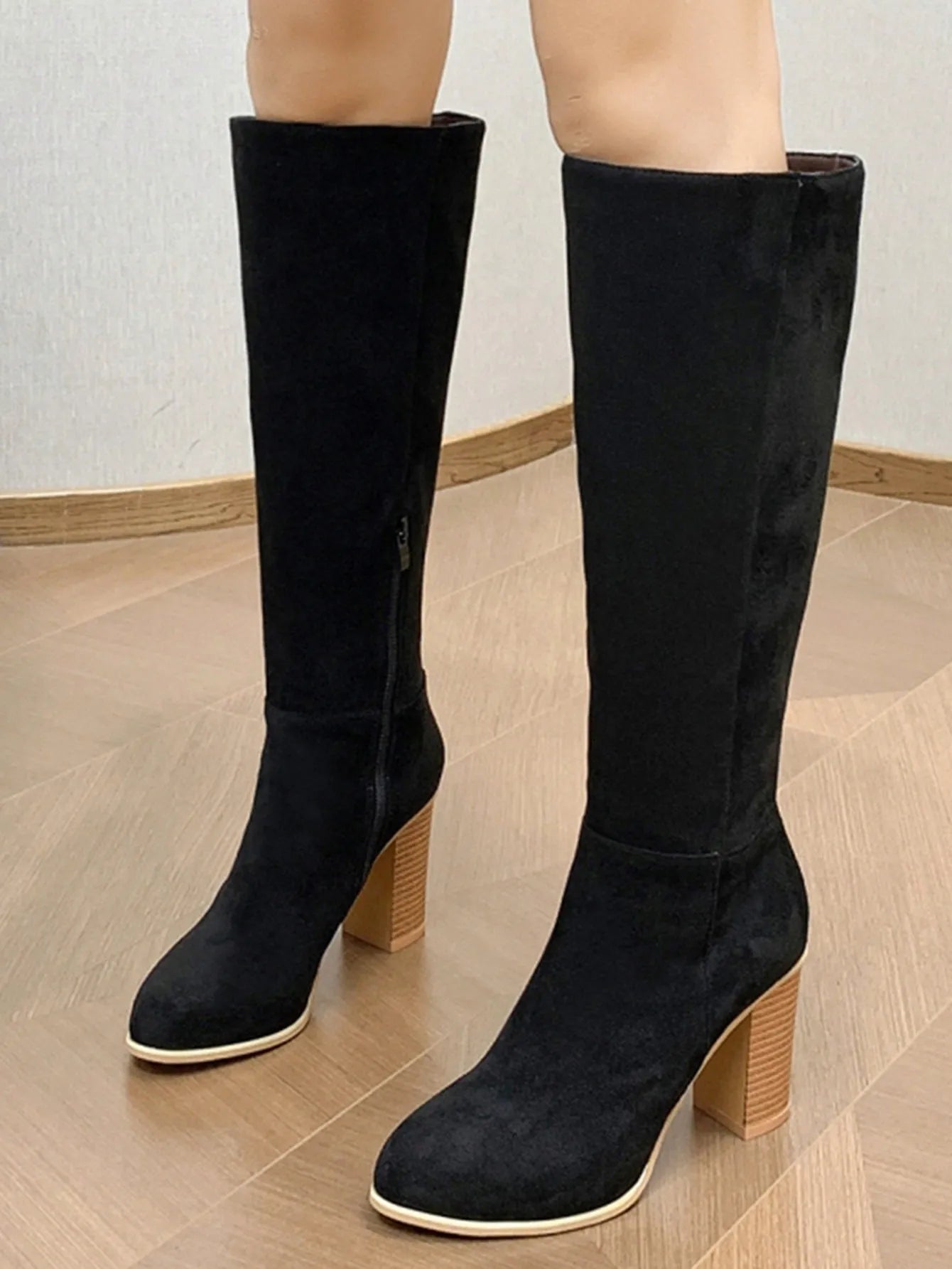 Women's black square toe high heel fashion boot made of artificial PU leather