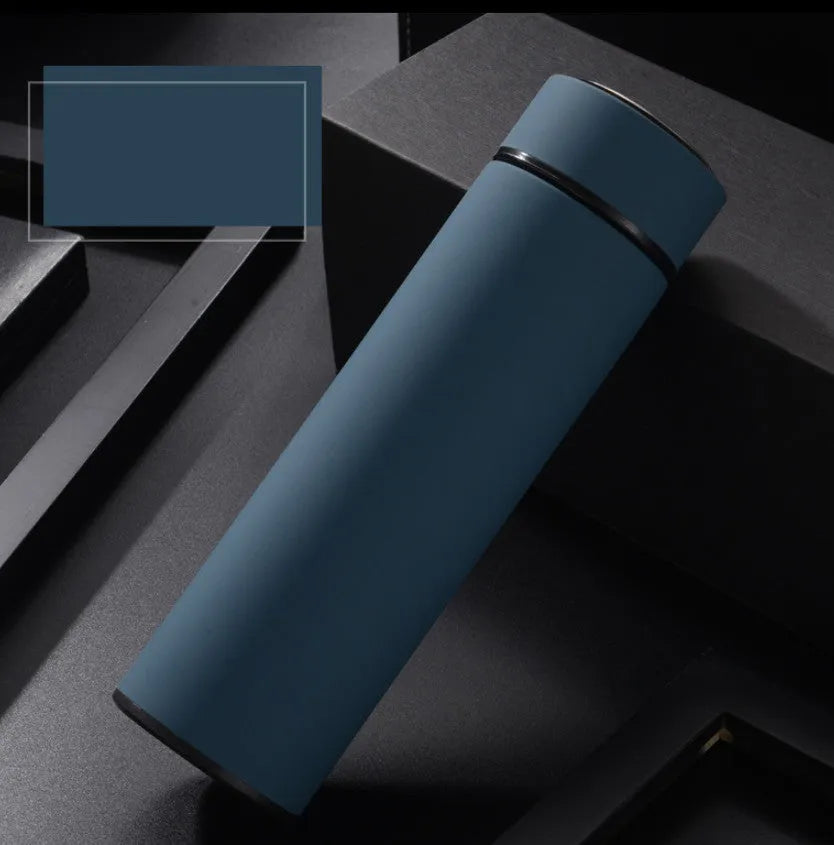 450ml stainless steel insulated water bottle in blue with optional temperature display on lid.