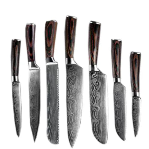 30cm chef knife with Damascus pattern blade and colour steel handle