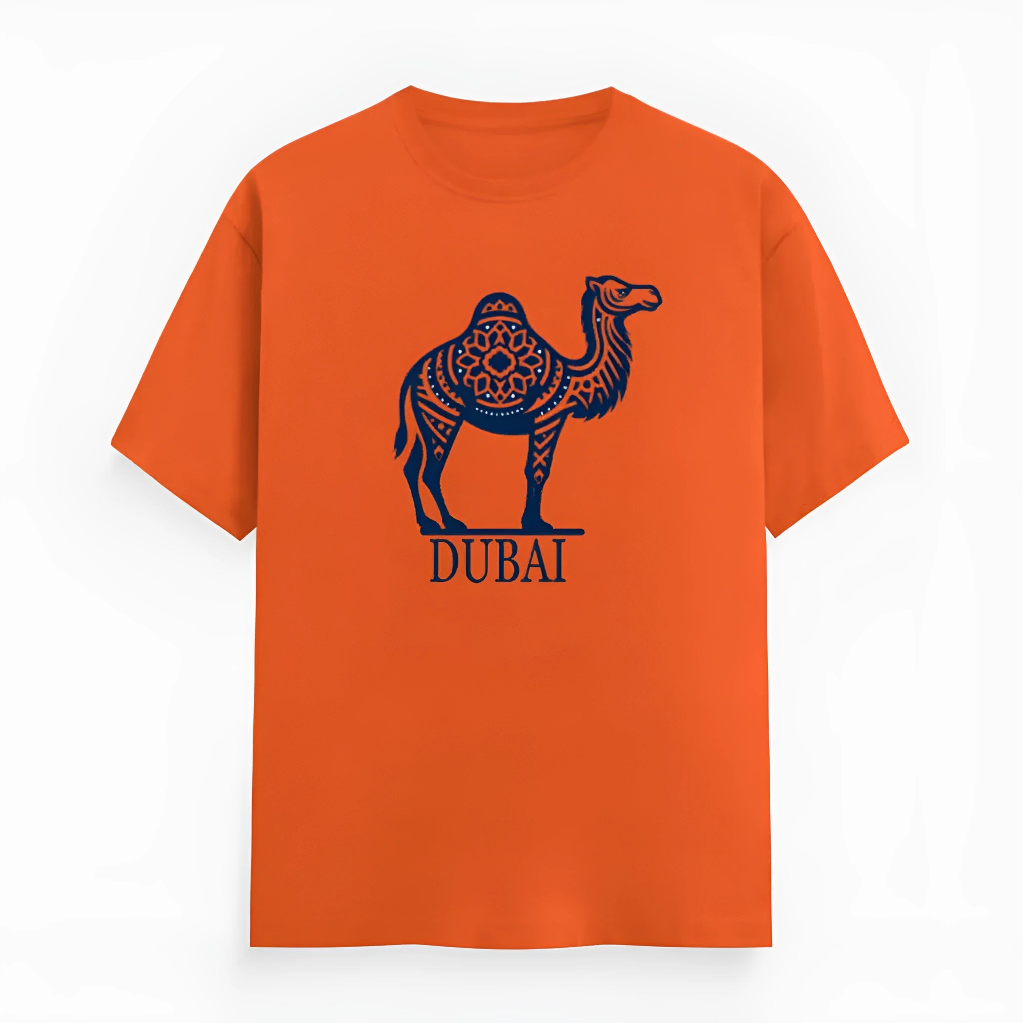 Orange loose-fit short-sleeve cotton T-shirt on a hanger, showing round neckline.
