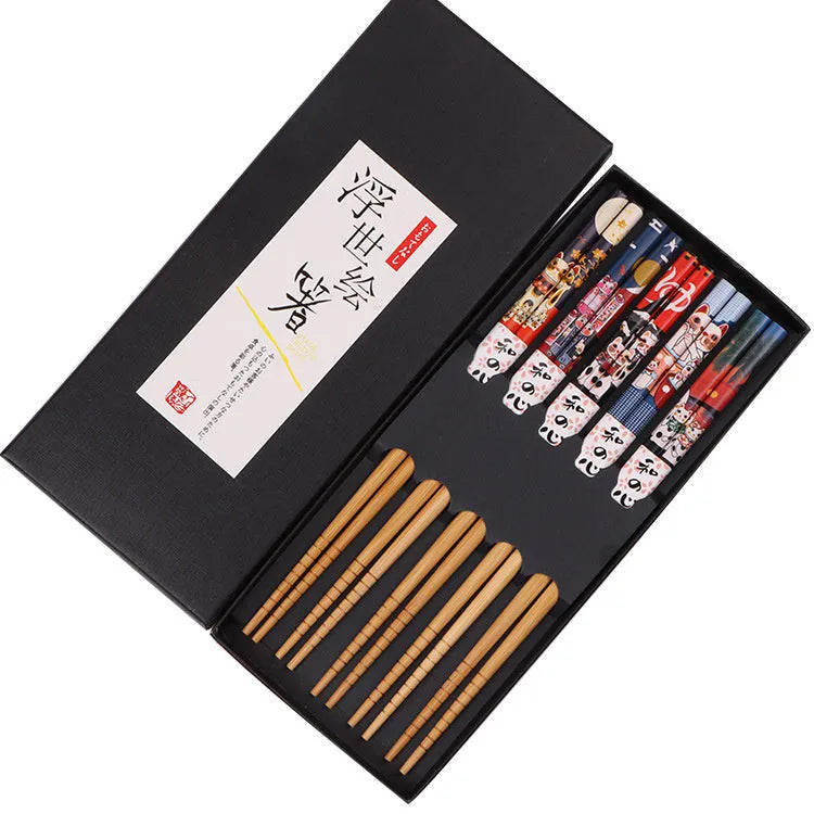 Japanese-style bamboo chopsticks with cartoon patterns in gift box packaging