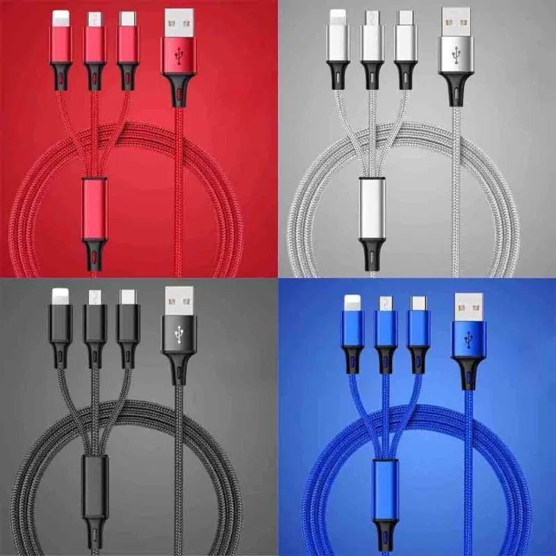 Braided 3-in-1 data cable with aluminium alloy connectors showing red, blue, silver and black colour options