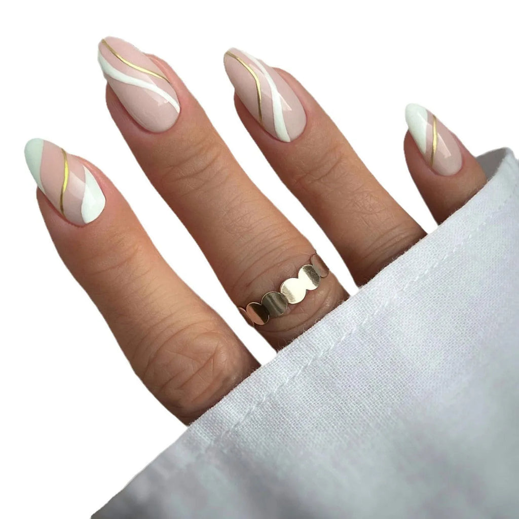 Golden Lines wearable nail stickers in medium drop shape plaid pattern with plastic armour and jelly glue