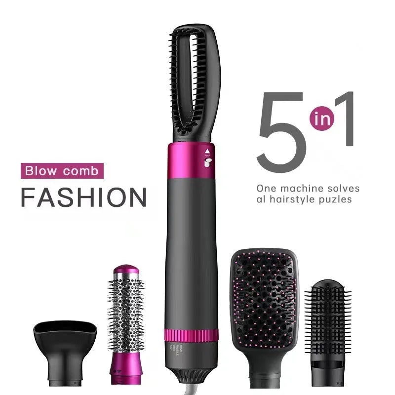 Dyson grey 5-in-1 hair dryer brush kit with five interchangeable styling heads on a white background.