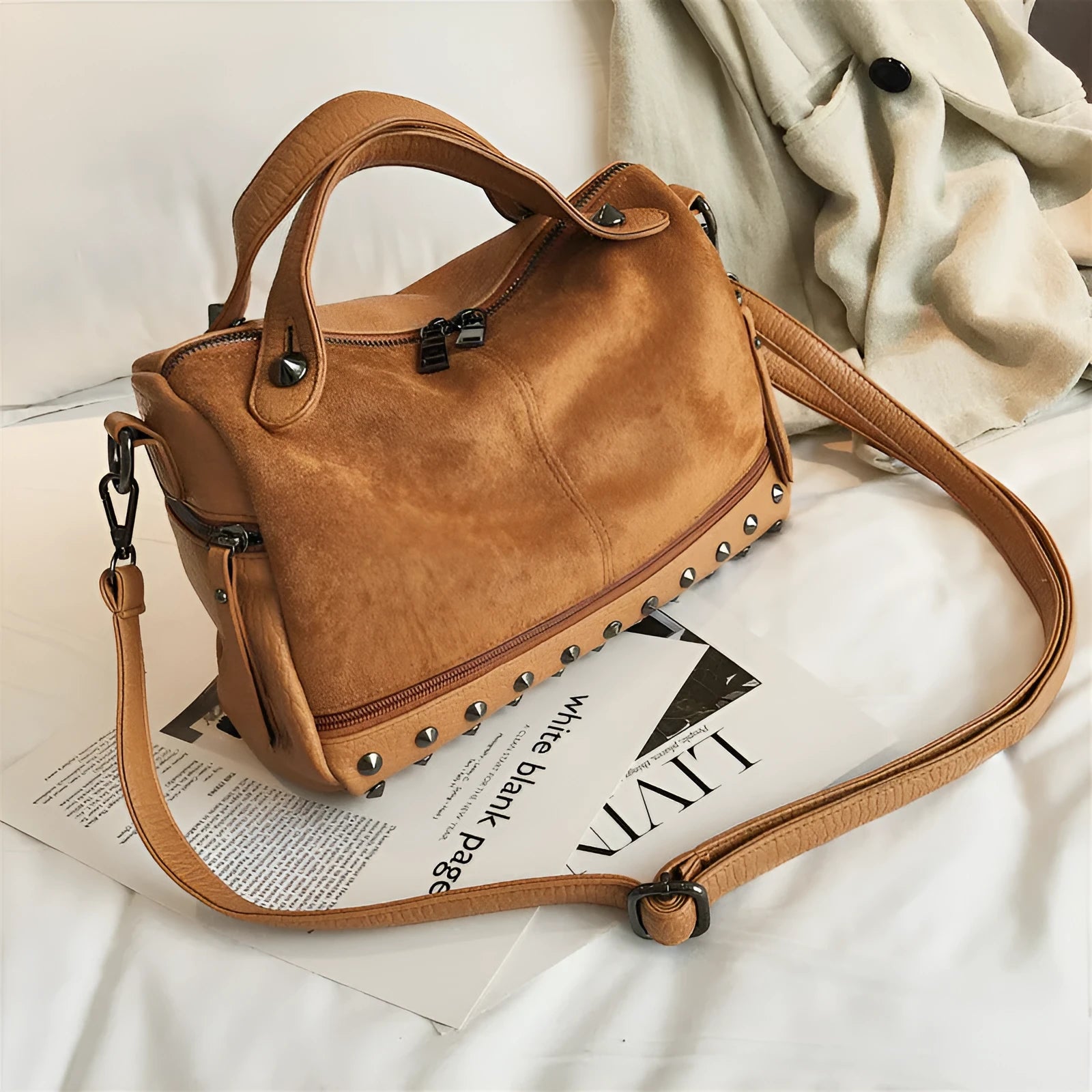 Soft PU leather women's tote shoulder bag with zipper closure in neutral colours
